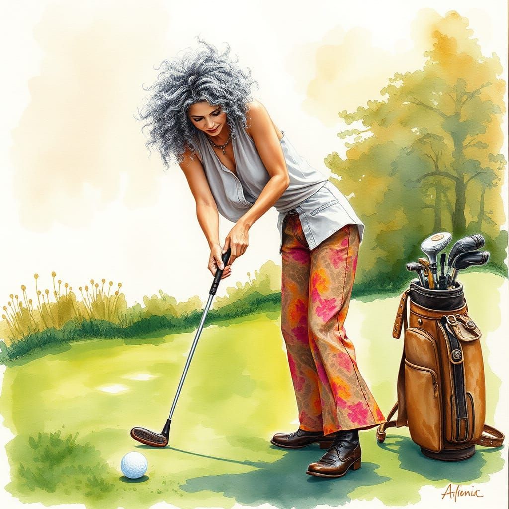 Bohemian Woman Plays Golf in Wet Watercolor