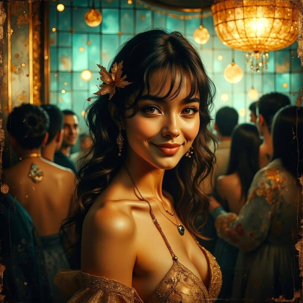 Smiling Woman on Stage in Velvet Club with Starry Night