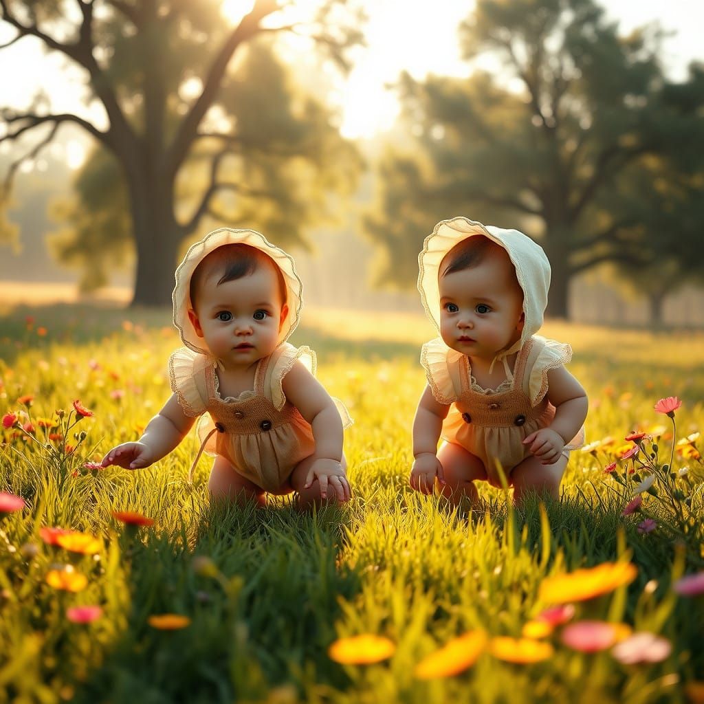 Whimsical Retro Landscape with Two Adorable Babies