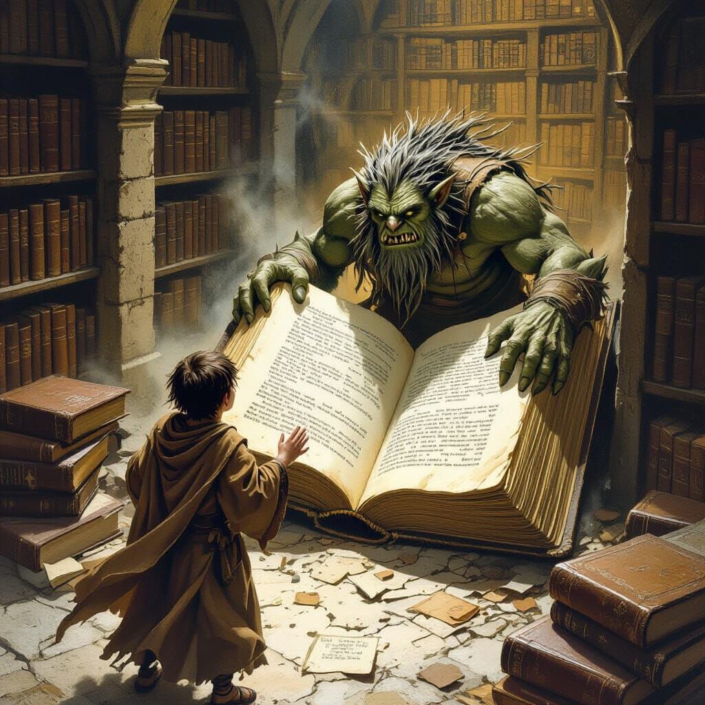 Troll Emerges from Book in Ancient Library