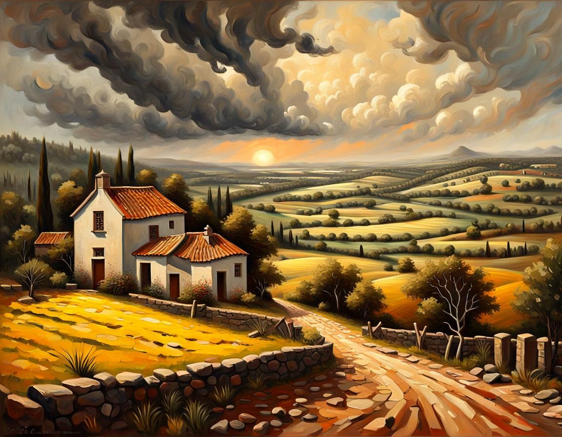 Vintage Portuguese Countryside in Oil Painting Style
