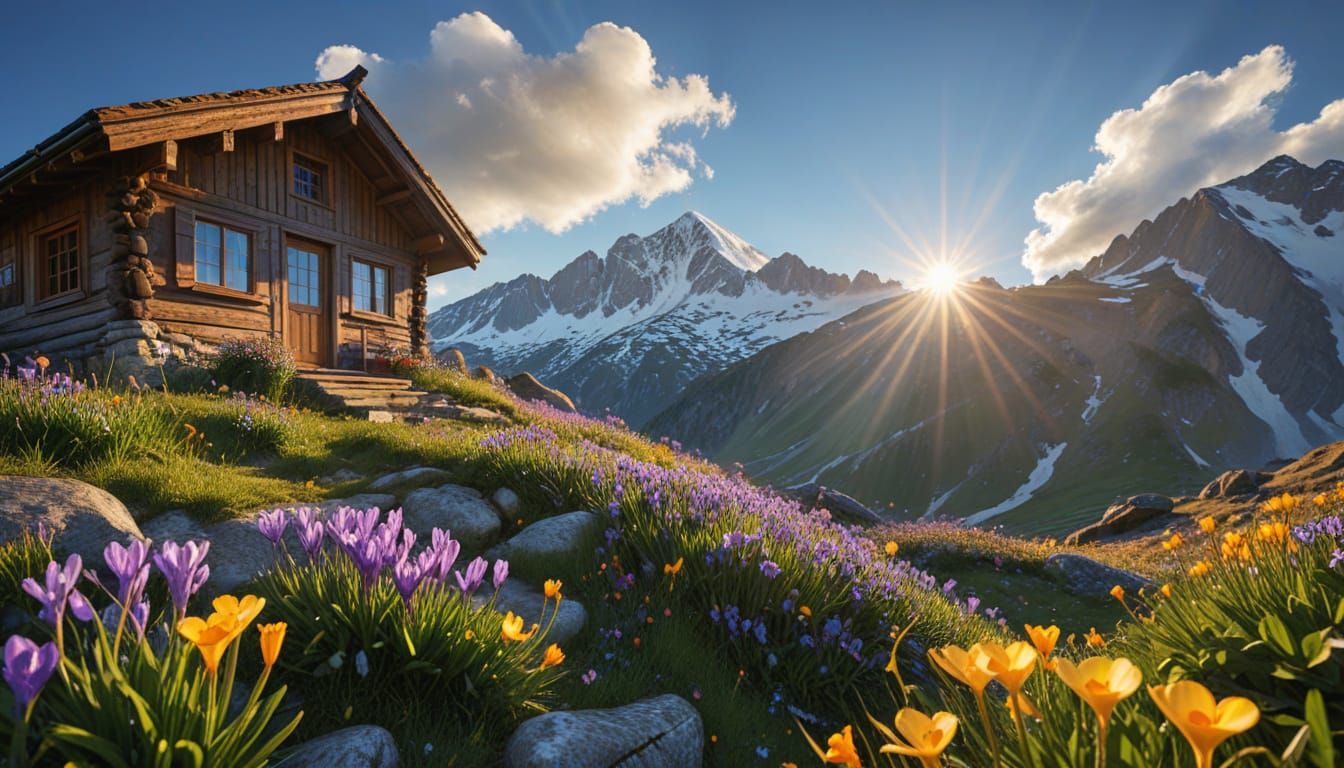 Alpine Spring Meadow with Cows and Flowers
