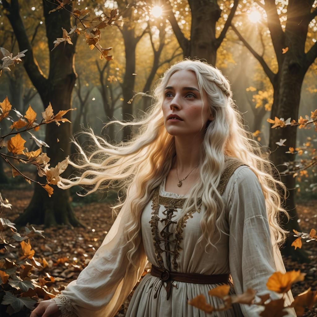 White Haired Peasant Girl in Forest with Leaves Falling