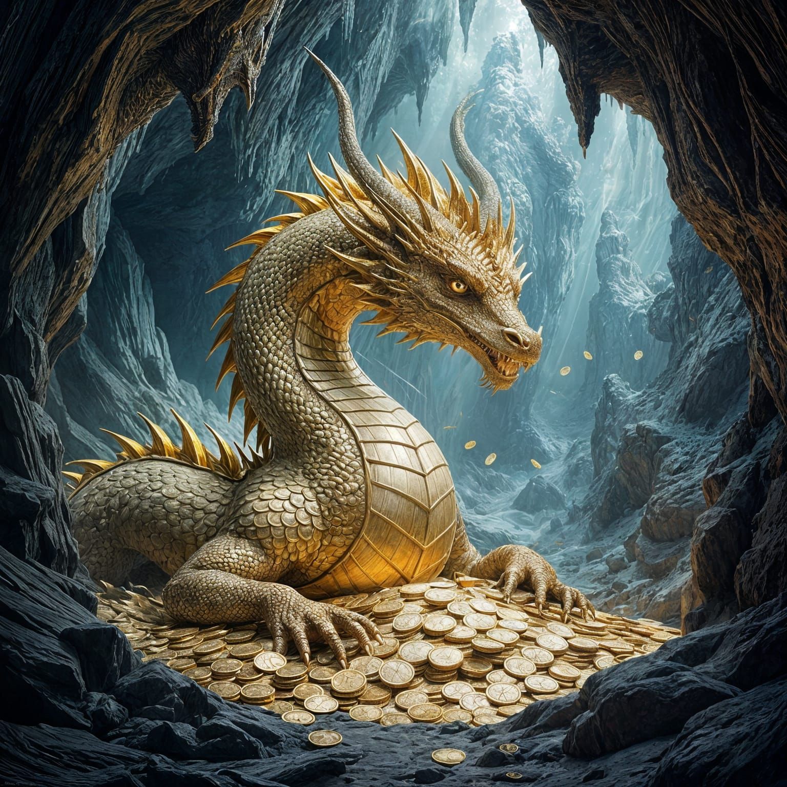 Ancient Dragon with Coin Scales Guards Treasure