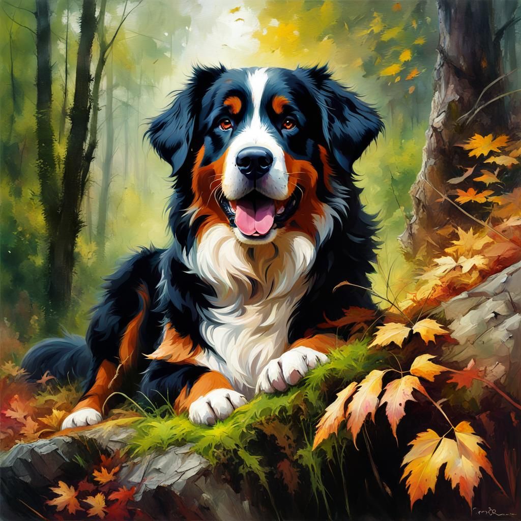Joyful Bernese Mountain Dog in Forest, Oil on Canvas