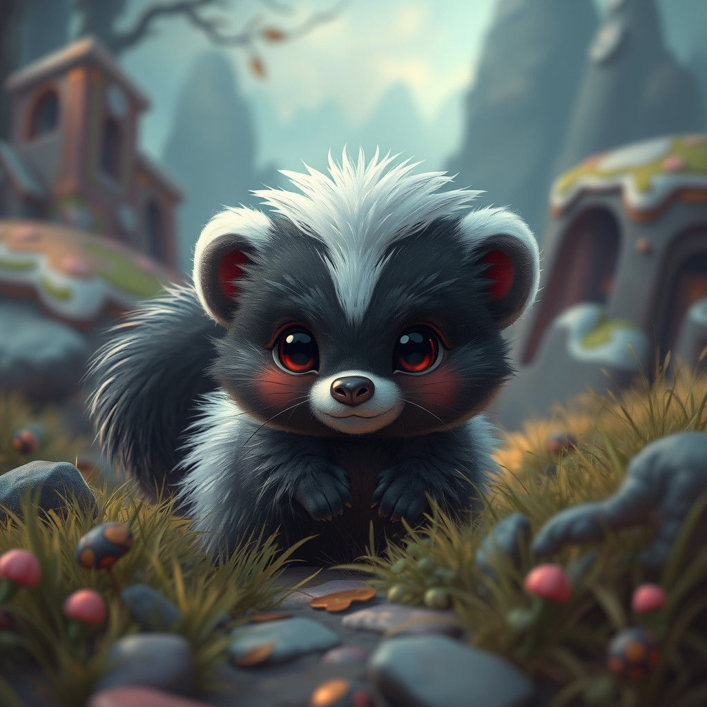 Fluffy Skunk in a Detailed Fantasy Landscape