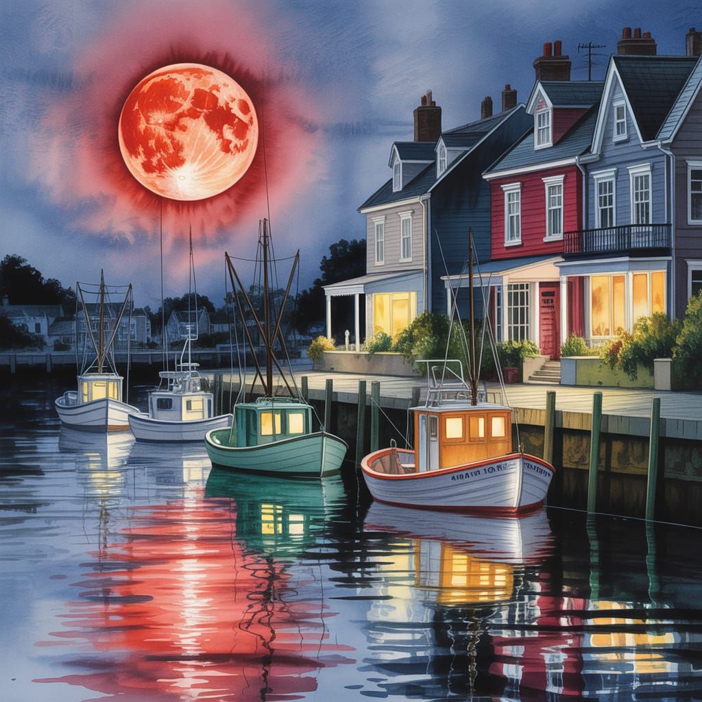 Crimson Blood Moon Over Detailed Harbor in Watercolor
