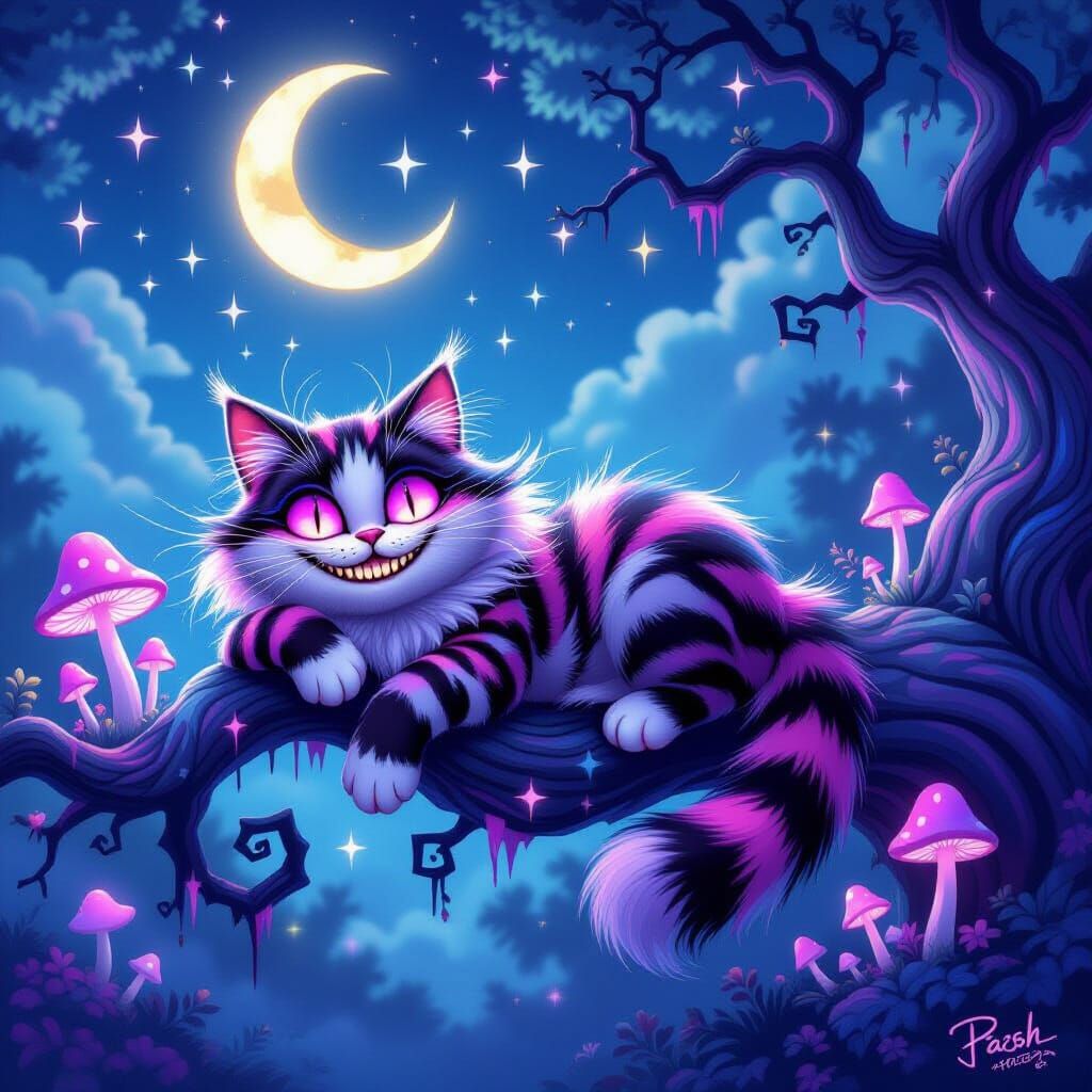 Whimsical Cheshire Cat on Dreamscape Tree Branch