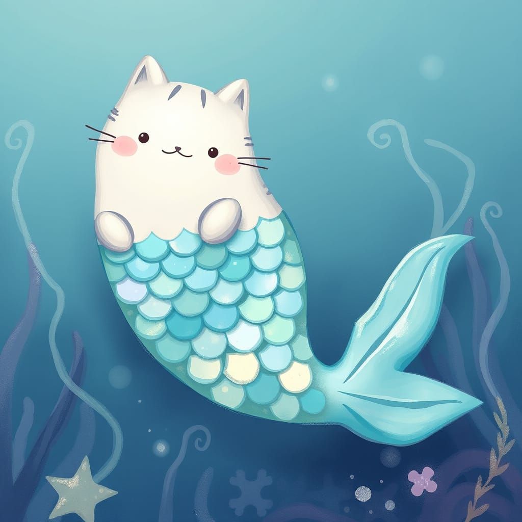 Mermaid Pusheen in Iridescent Tail Surrounded by Seaweed