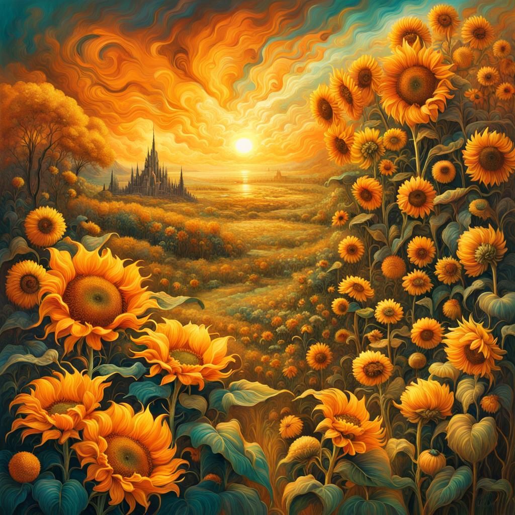 Golden Sunflowers Field at Sunset: Digital Illustration