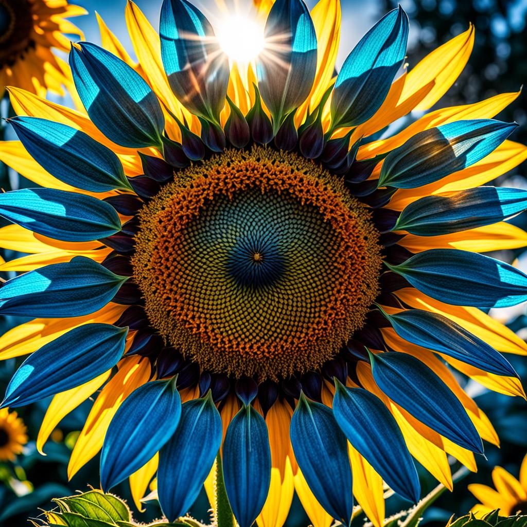 Radiant Blue Sunflower in Sunlight, Hyperrealistic Image