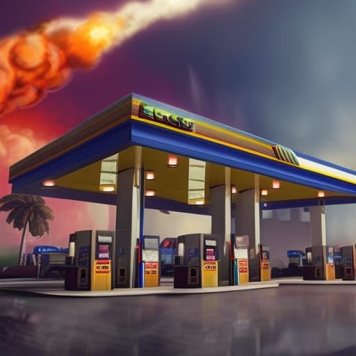 Exploding Gas Station in Cinematic Digital Art