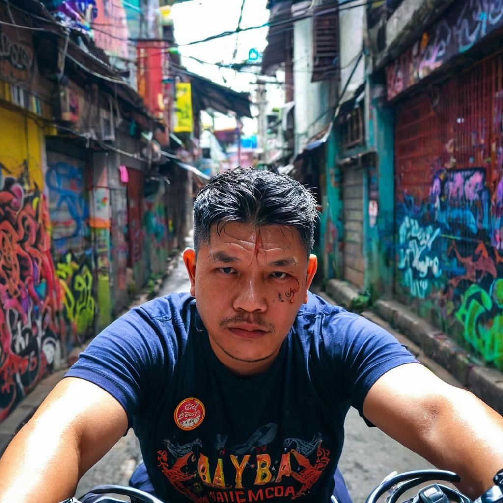 Filipino Biker in Manila Alleyway: Digital Art
