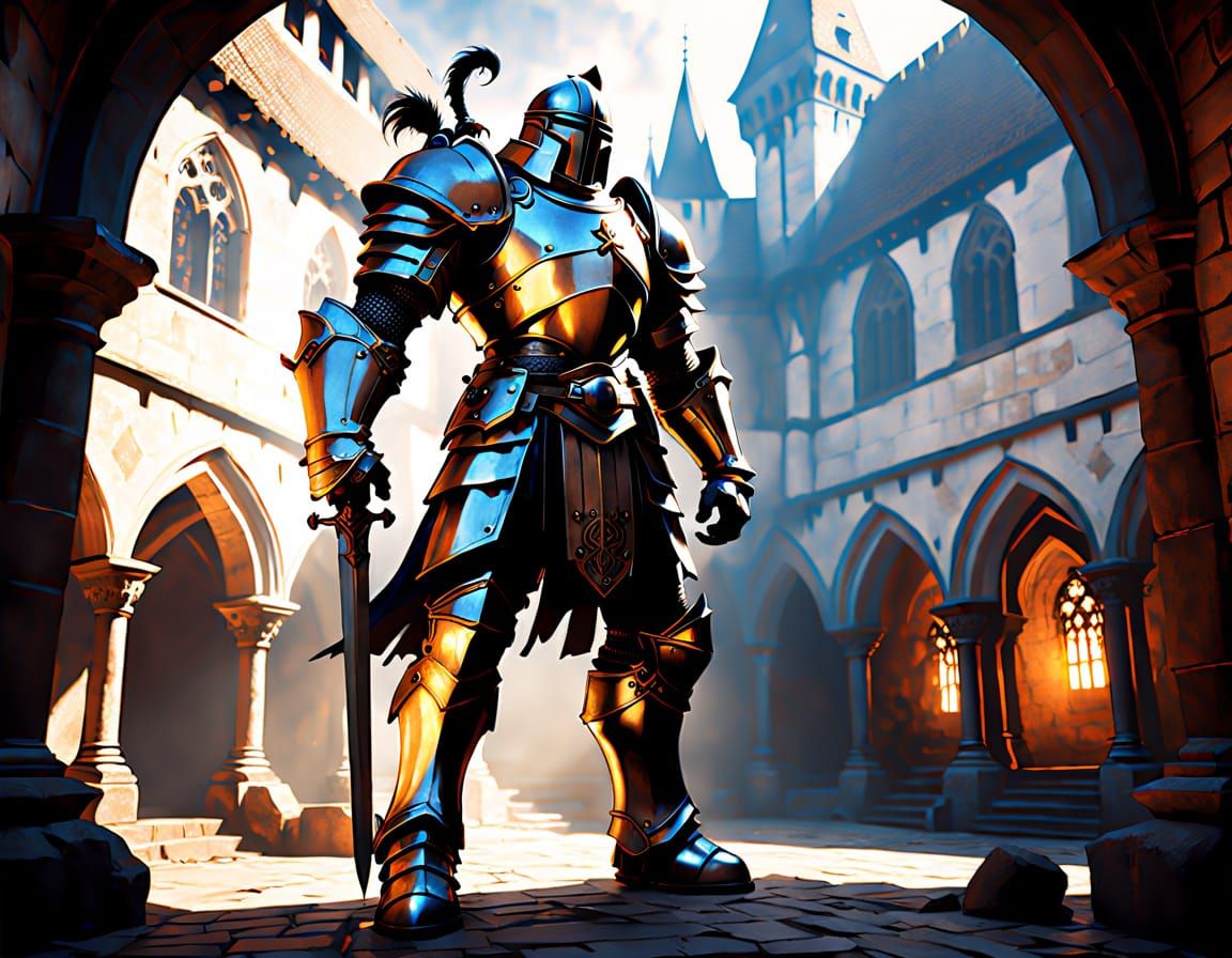 Epic Teutonic Paladin in Medieval Courtyard