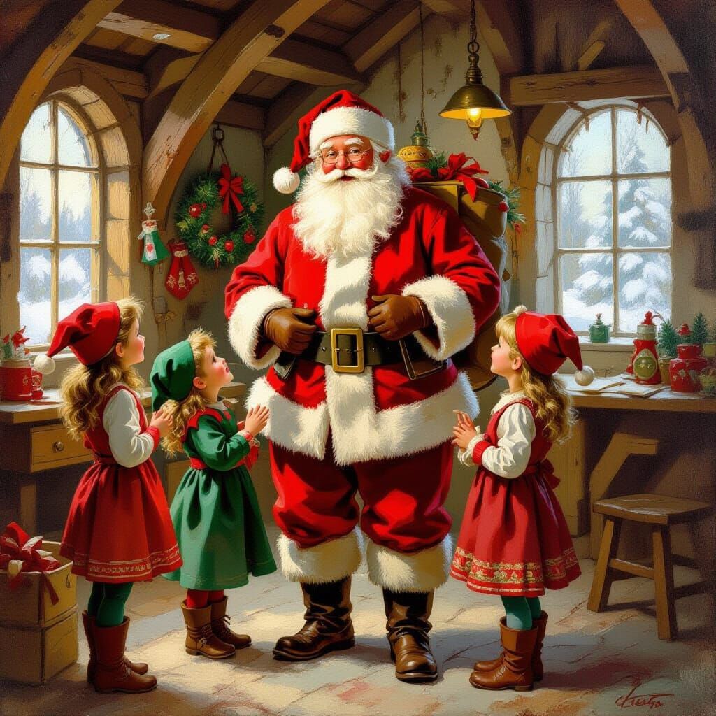 Santa Claus in Elf Workshop Vintage Christmas Art