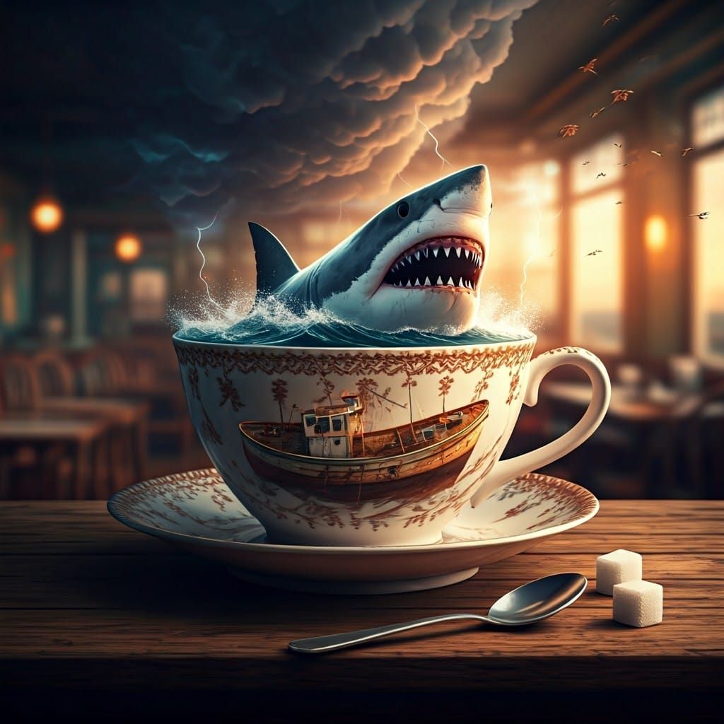 Shark Attack in a Teacup: Hyper-Realistic 3D Art