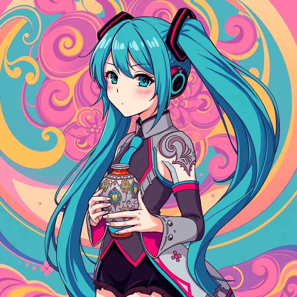 Hatsune Miku Holding Vase in Surreal Digital Art