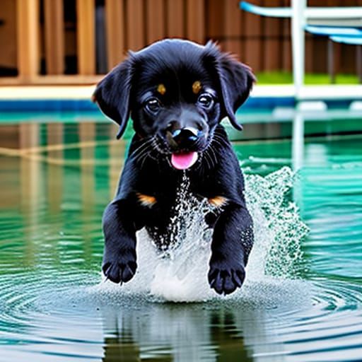 Adorable Black Lab Puppy Splashing in Pool