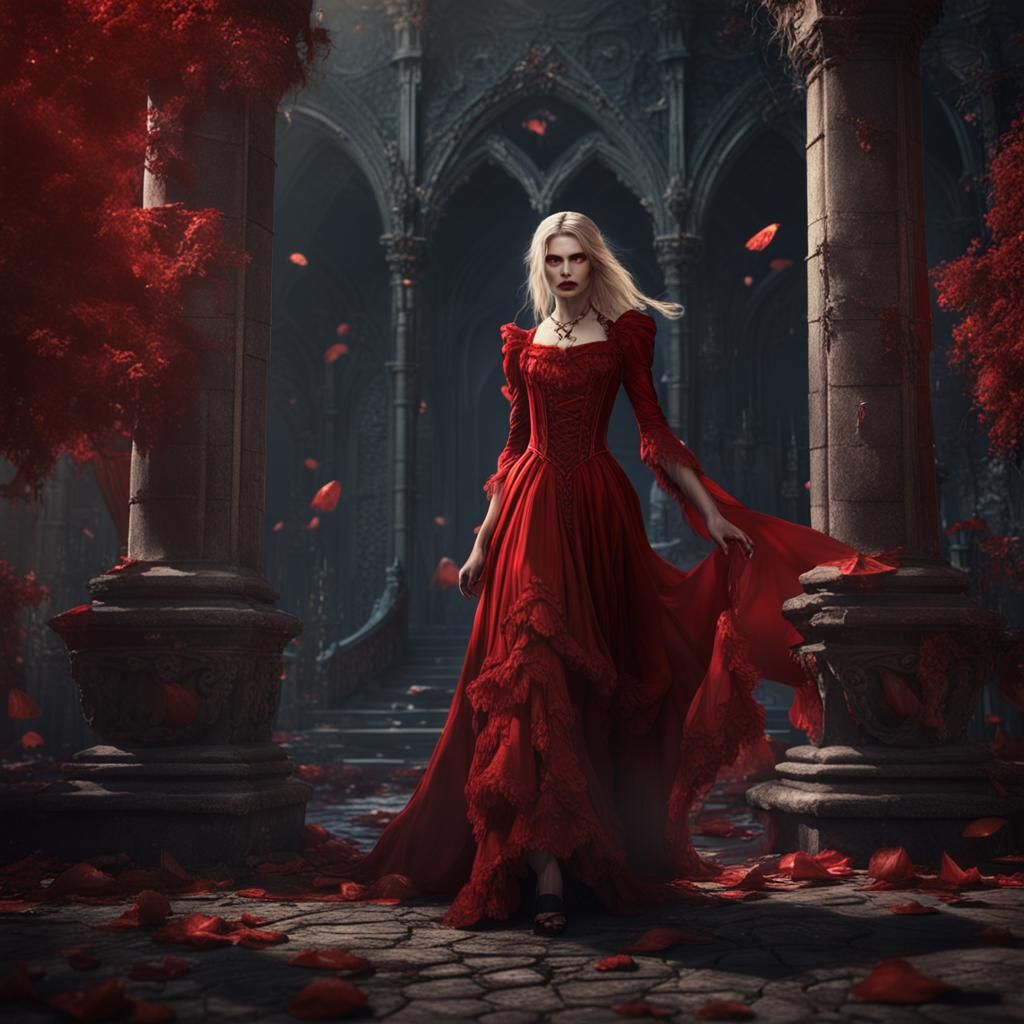 Blonde Vampire in Red Dress: Fantasy Art