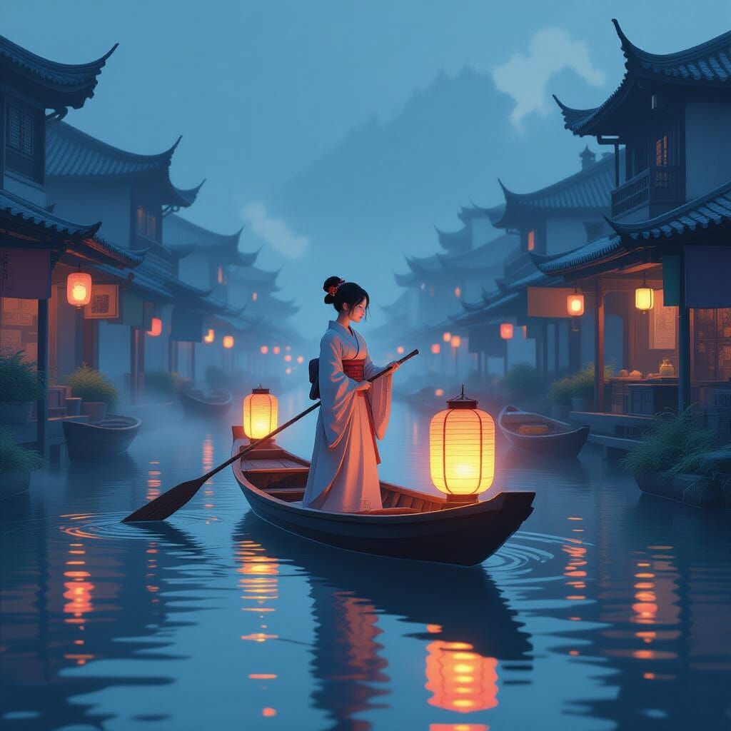 Serene Woman on Glowing Lantern Boat in Dreamy Style