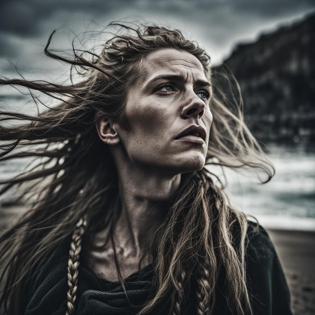 Powerful Viking Queen Portrait on Windy Beach