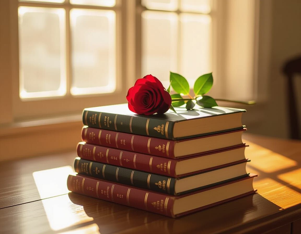 Cozy Books and Rose on Table with Warm Light