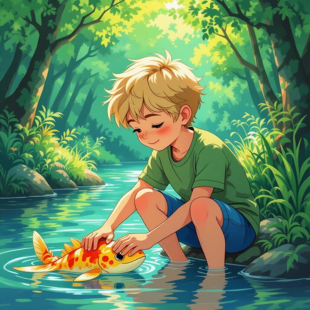 Boy Stroking Axlotl in Forest, Anime Style