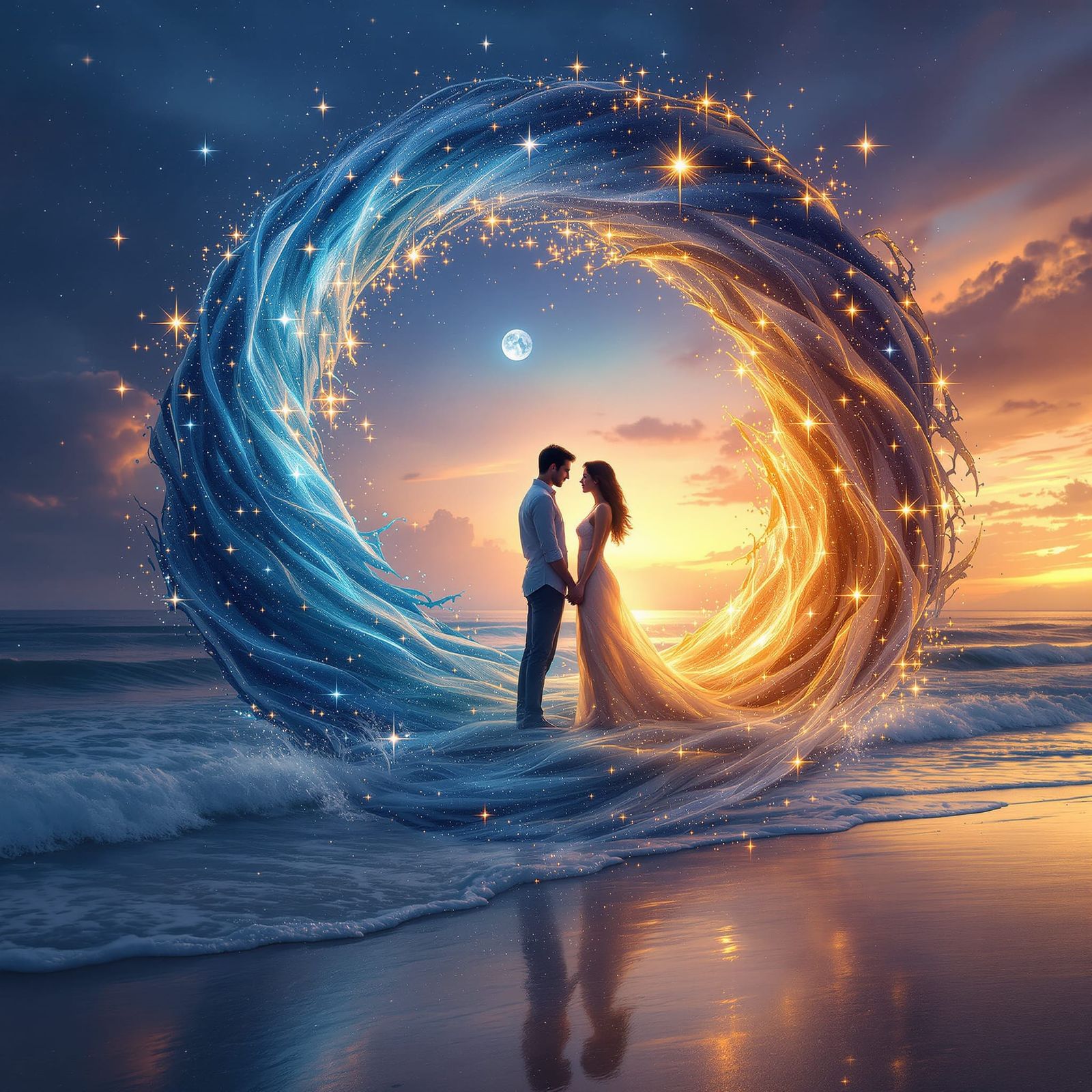 Cosmic Lovers Embrace Day & Night on Twilight Beach