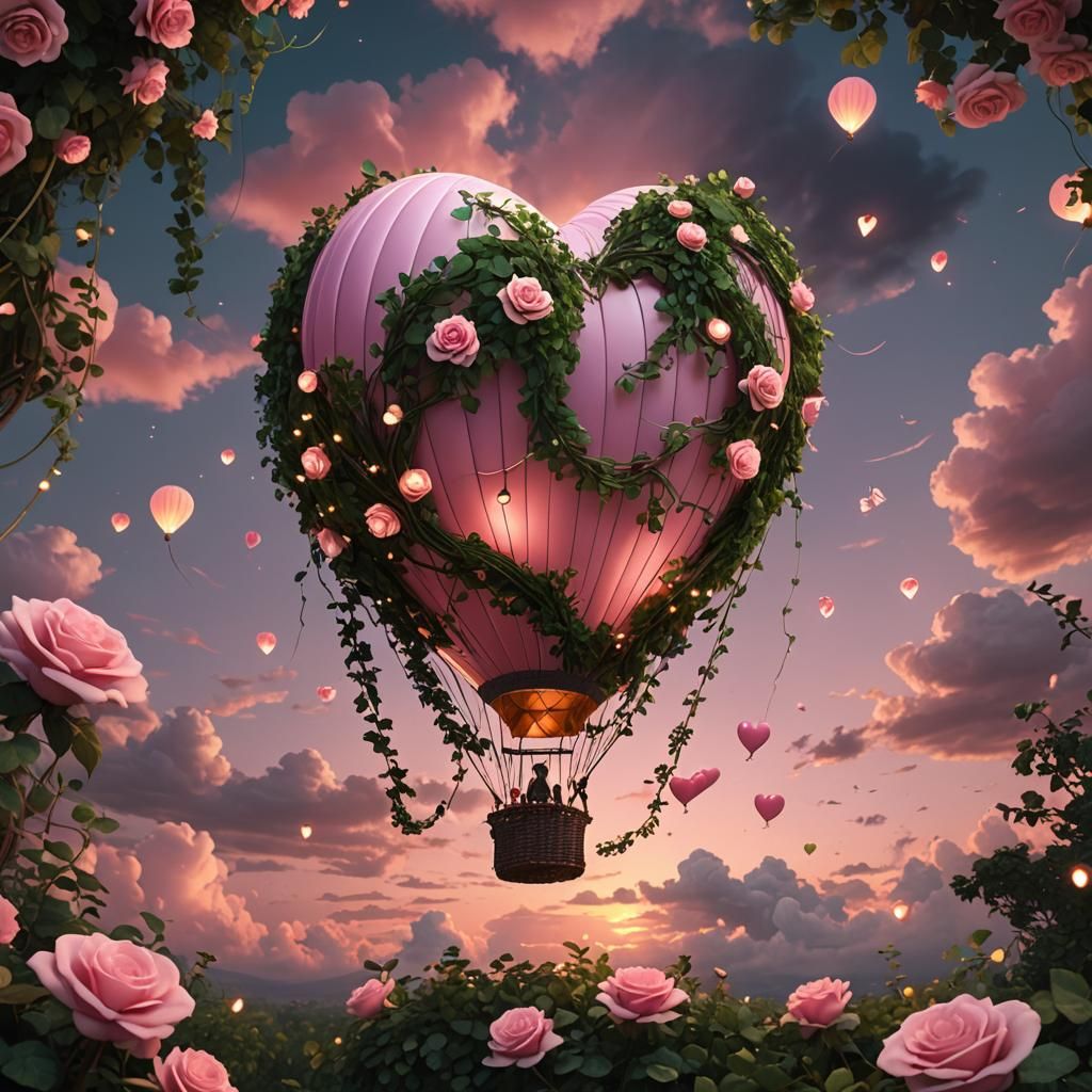 Pink Heart Air Balloon at Sunset