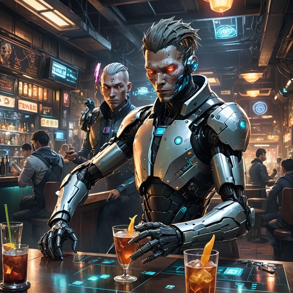 Cyborg Netrunner Hacking in Cyberpunk Cafe
