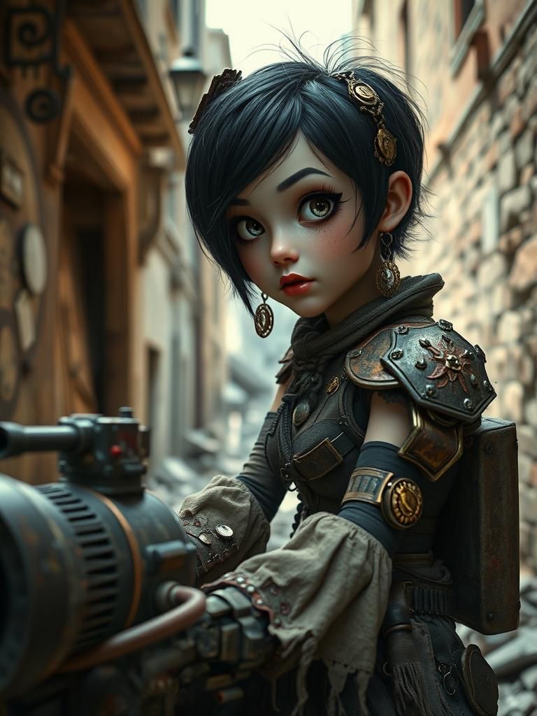 Dieselpunk Raider in Wasteland Alleyway, Gustave Doré Style