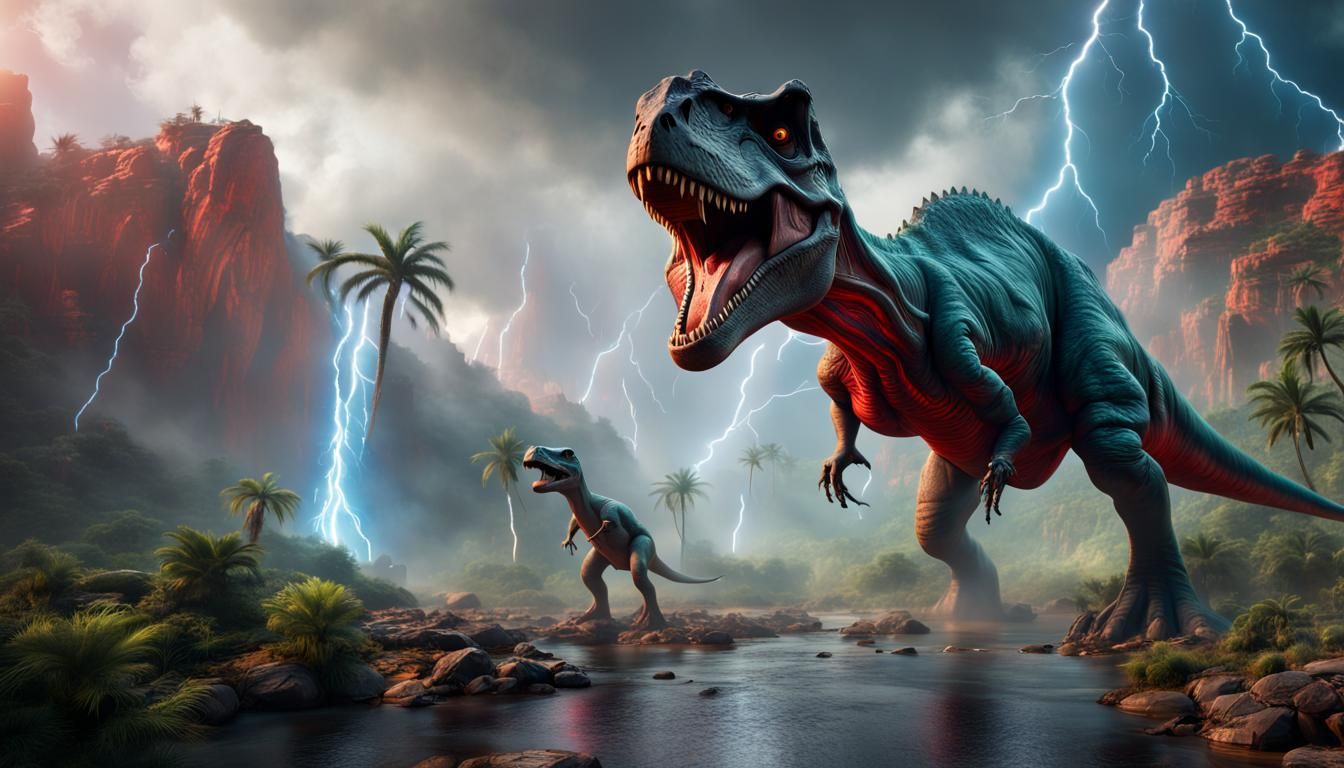 T-Rex in Time Travel Landscape with Lightning