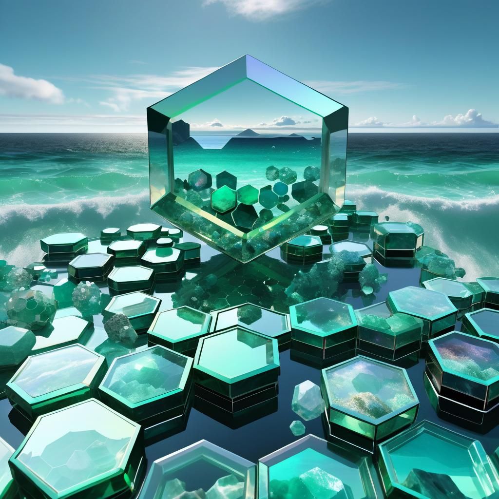 Iridescent Dodecahedron Shines Above Ocean, 3D Render