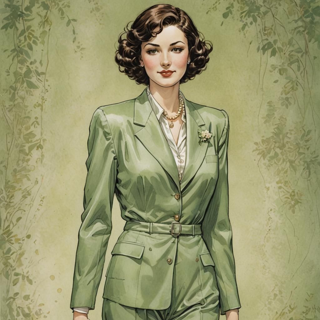 Elegant Woman in Green Suit, Comic Book Art