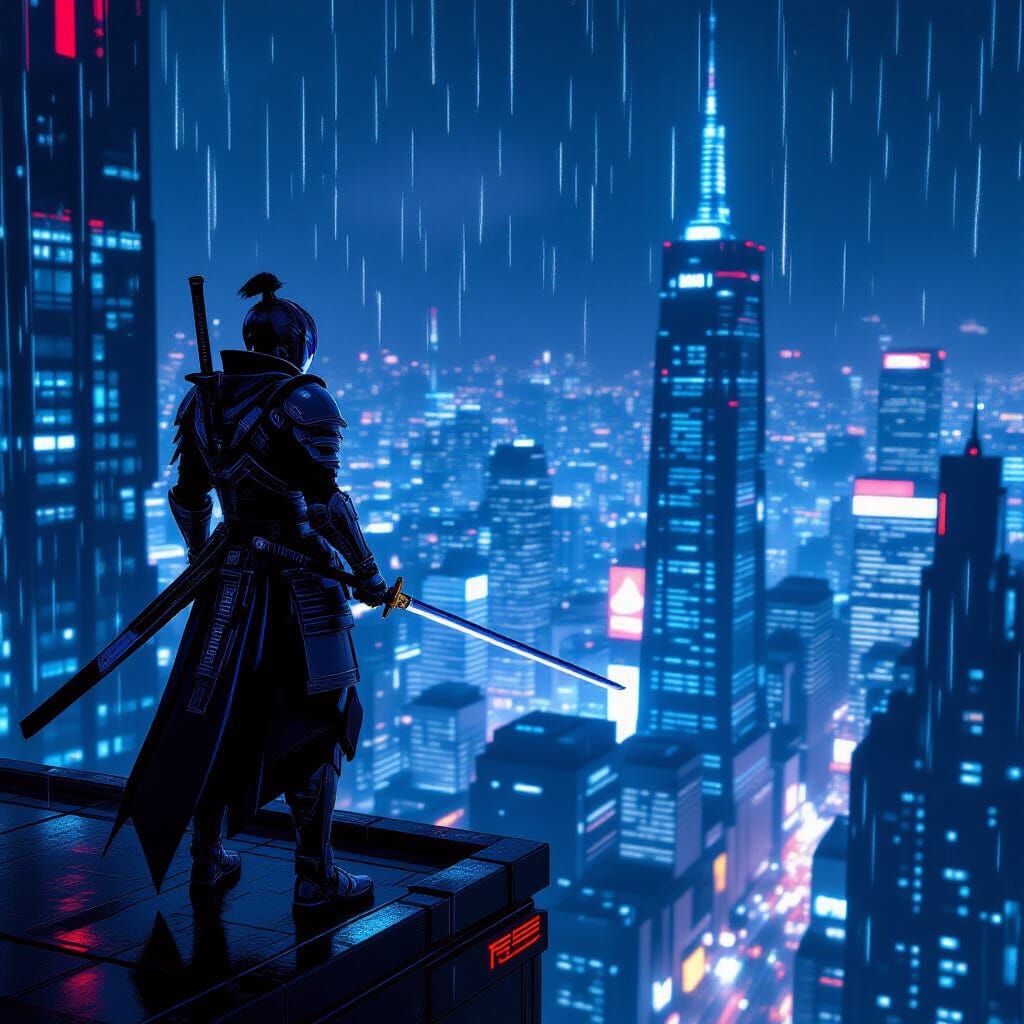 A futuristic samurai warrior stands atop a skyscraper, overlooking a sprawling cyberpunk city at night. The warrior's ar...
