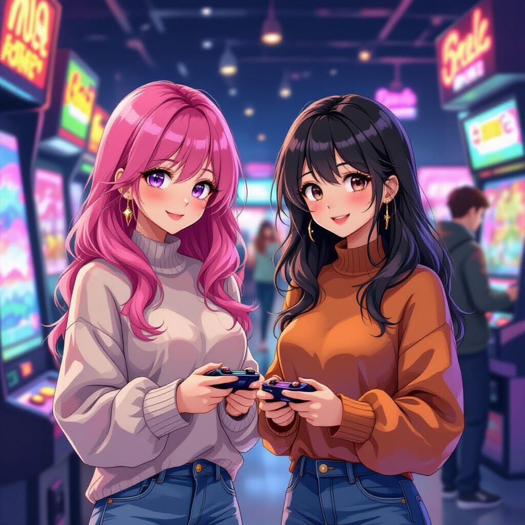 Women Enjoying Arcade Games in Alcohol Ink Style