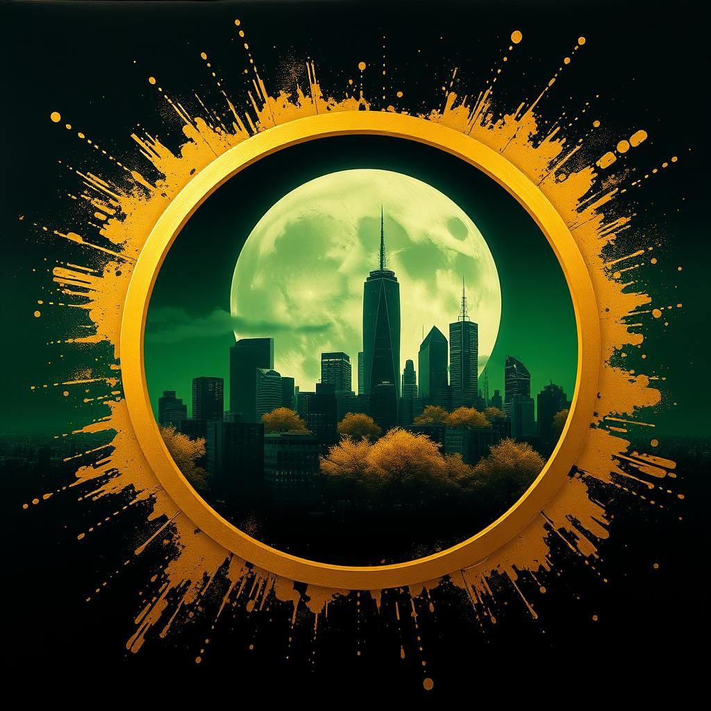 Green Cityscape in Golden Frame, Oil Painting Style