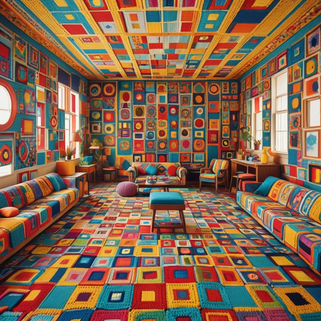 Geometric Bauhaus Room with Crochet Slipcovers