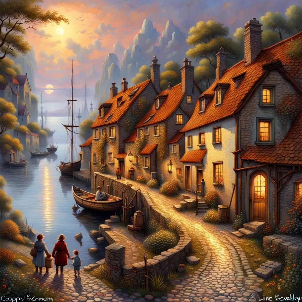 Surreal Fishing Village Landscape in Fantasycore Style