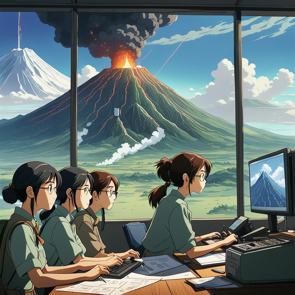 Geologists Observe Erupting Volcano in Ghibli Style
