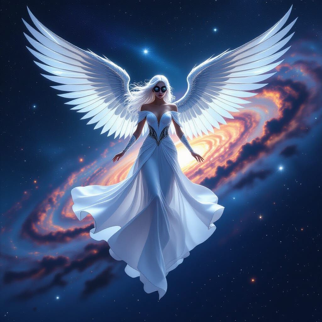 Celestial Angel with Metallic Wings over Galaxy