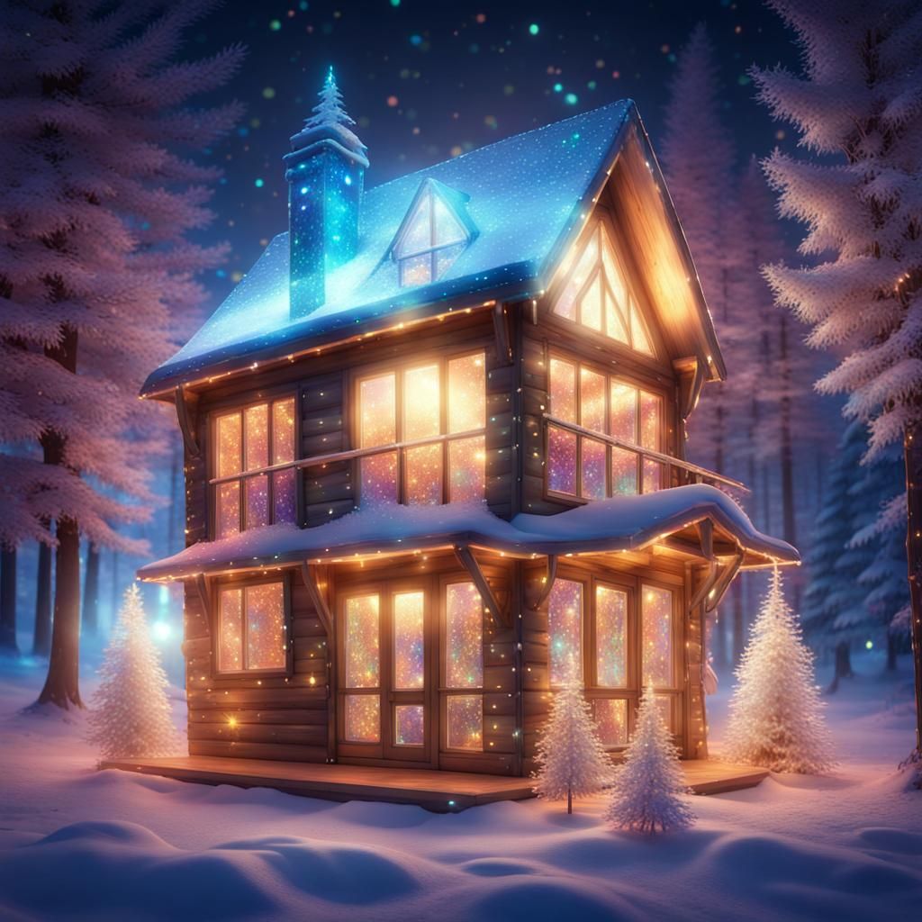 gorgeous sparkling shiny holographic cabin with crystalline holographic stained glasses and lit christmas trees surround...