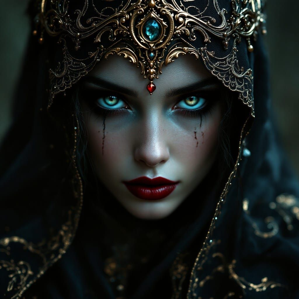 Enigmatic Veiled Beauty in Dark Red and Crystal Blue