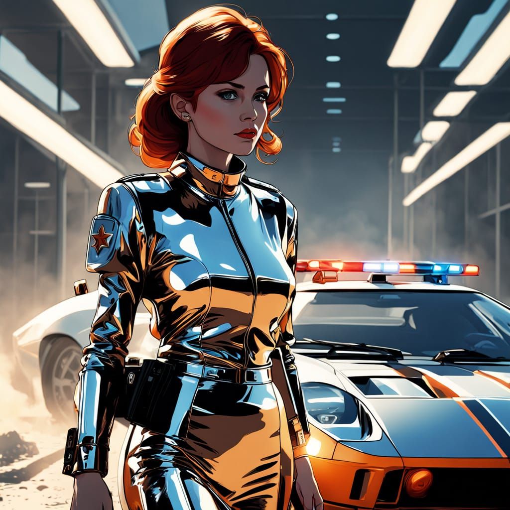 Futuristic Redhead Cop in Retro-Futuristic Illustration Styl...