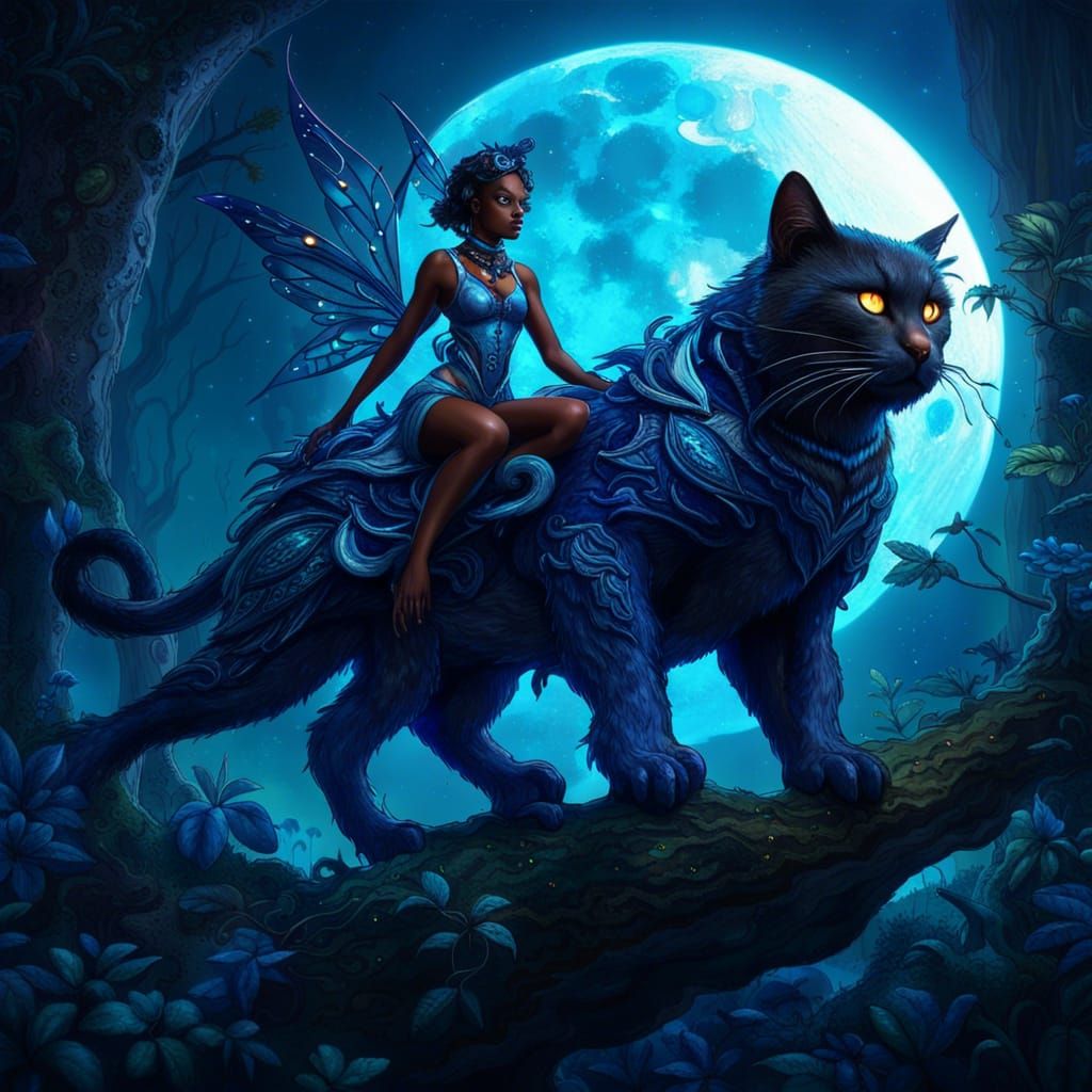 Cybernetic Fairy Rides Giant Cat in Moonlit Forest