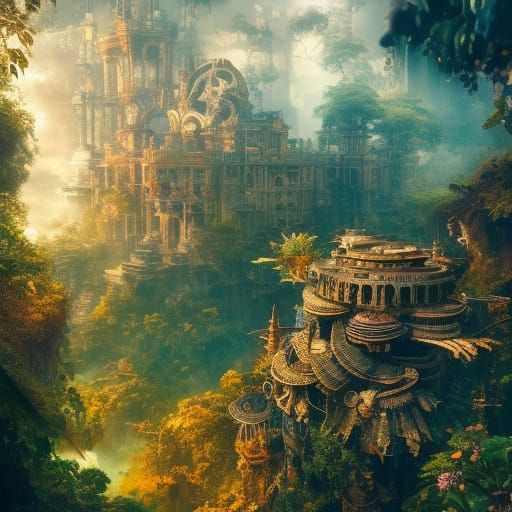 Steampunk Rococo Tower in Dense Jungle