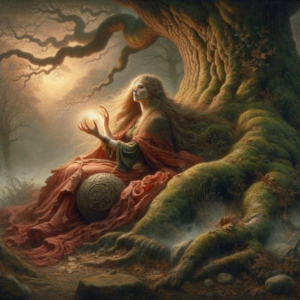 Norse Goddess Reclines Against Ancient Oak