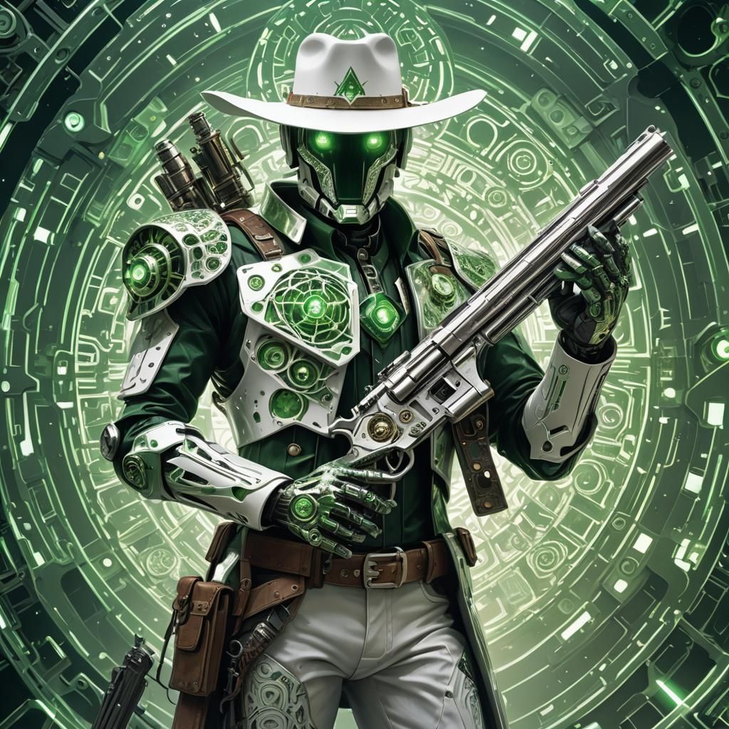 Futuristic Cowboy Robot in Dystopian Space, Cyberpunk Steamp...