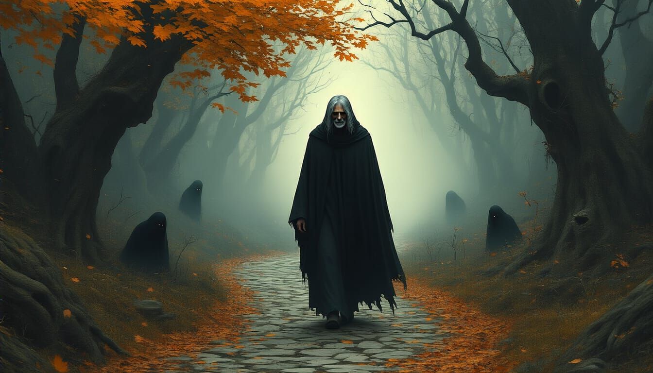 Cloaked Figure in Ancient Wood with Hidden Watchers