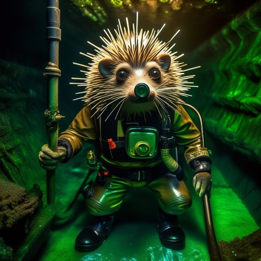 Hyperrealistic Scuba Diving Hedgehog in Sewer